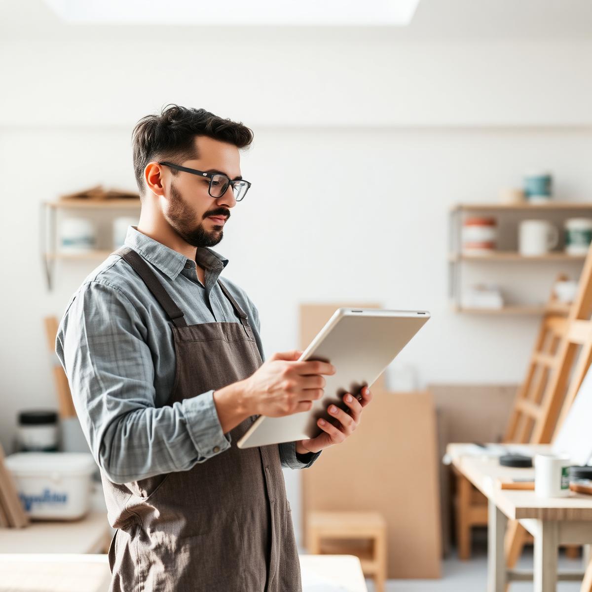Schilder met tablet in een lichte werkplaats
